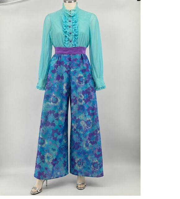 Unbranded Pants - Vintage 70s Chiffon Wide Leg Jumpsuit Ruffle Neck Empire Waist Size 7 READ